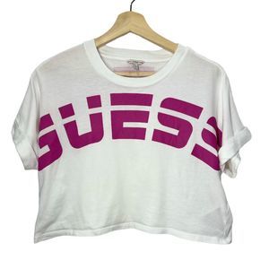 Guess Crop Top White Pink Lettering Women's Size Small Cuffed Sleeve Wide